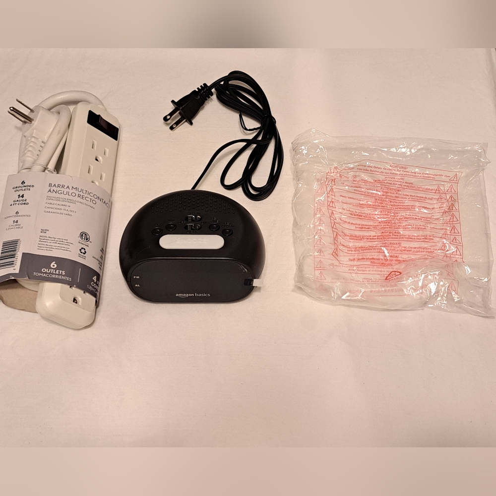 Amazon Basics Alarm Clock Intertek Power Strip Bundle Black White New